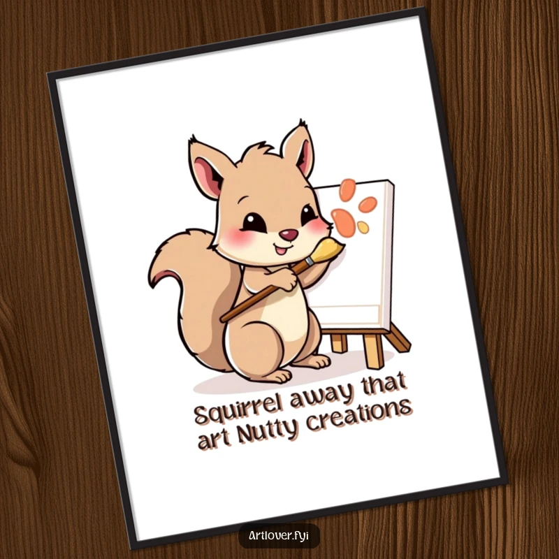 Funny Free Printable Wall Art: A playful squirrel character holding a paintbrush, dabbing at a canvas with intense artistic focus.