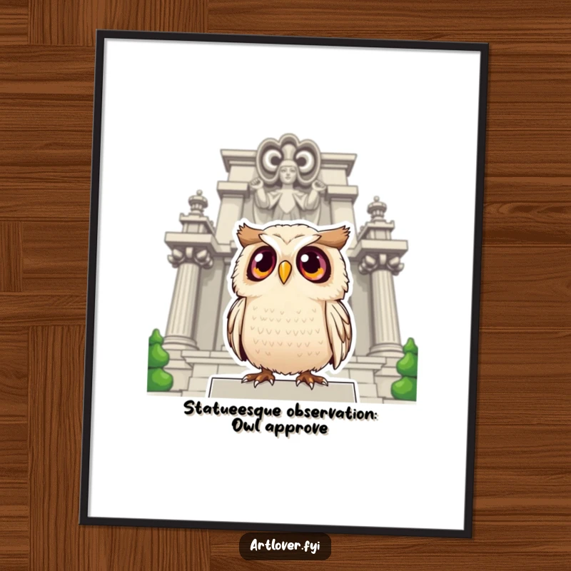 Funny Free Printable Wall Art: Surprised owl with wide, round eyes looking up at an imposing grand statue, capturing humorous wonder.
