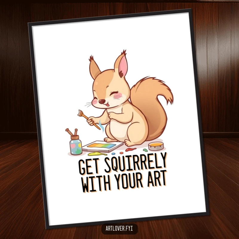 Funny Free Printable Wall Art: An energetic squirrel enthusiastically mixing vibrant paints with a tiny twig brush.