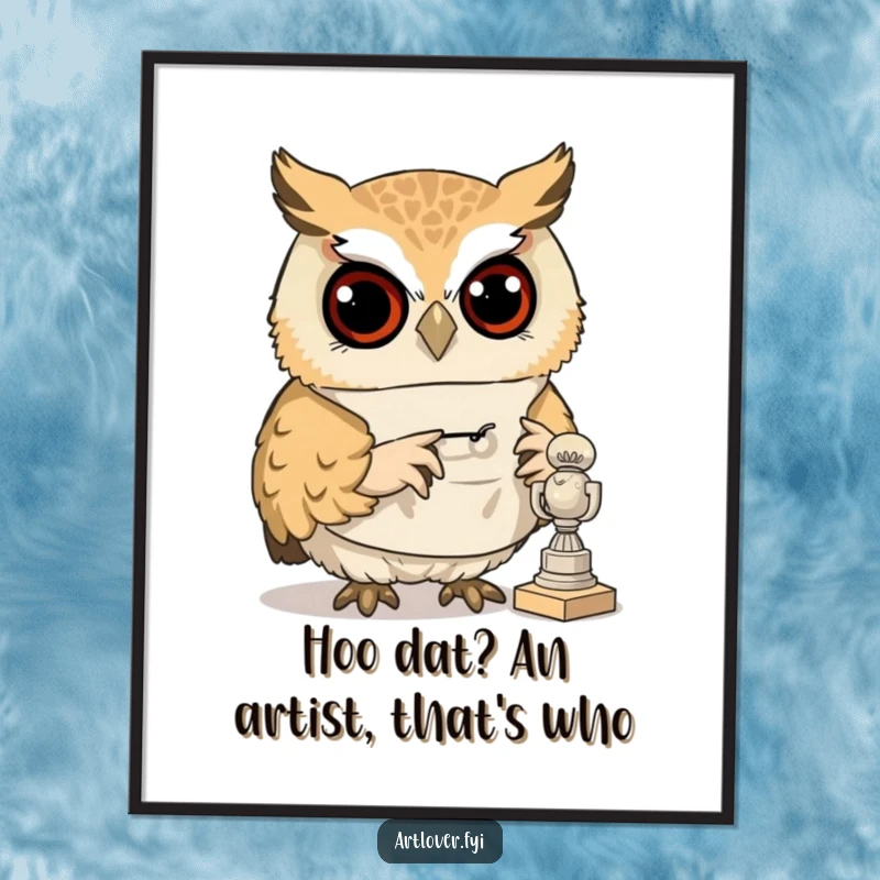 Funny Free Printable Wall Art showcasing a curious owl in a smock, intently examining a tiny, intricate sculpture.