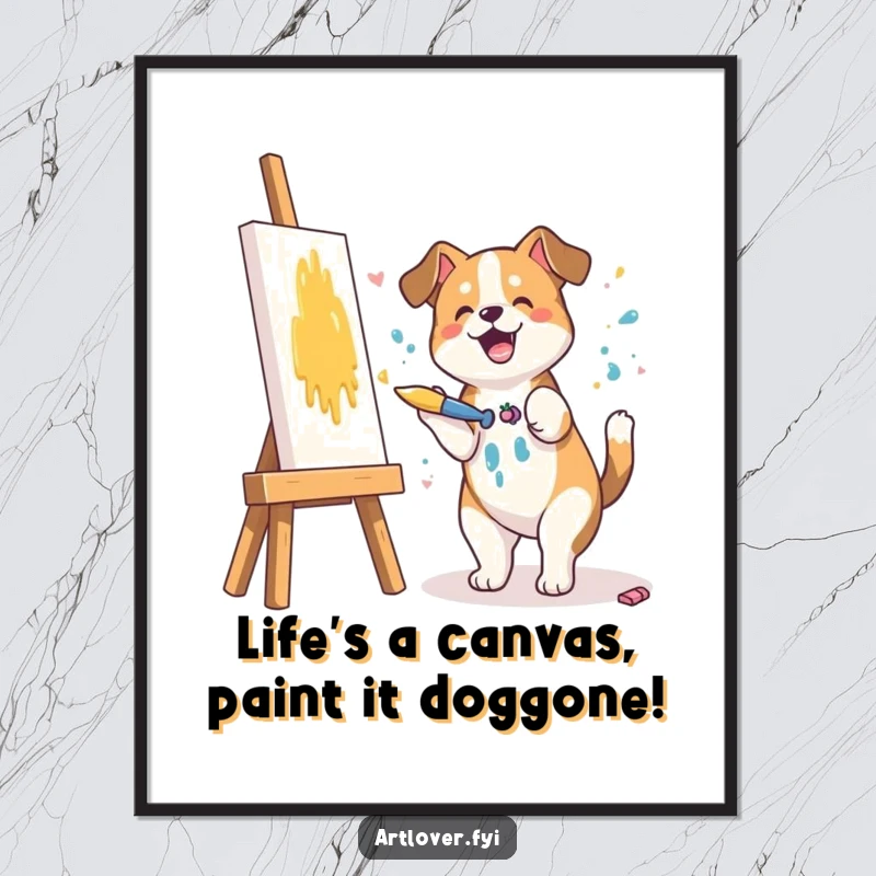 Funny Free Printable Wall Art: A joyful dog enthusiastically splashing colorful paint onto a canvas with a paintbrush.