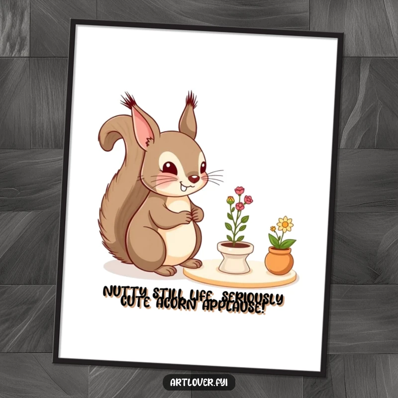 Funny Free Printable Wall Art: A cheerful squirrel gazes admiringly at a miniature still life, appreciating artistic details.