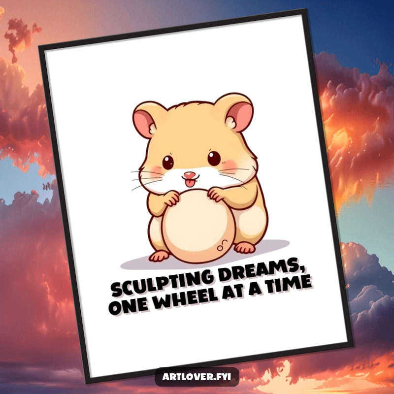 Funny Free Printable Hamster Sculptor Wall Art: A cute hamster with intense focus, meticulously sculpting a miniature ball of clay.