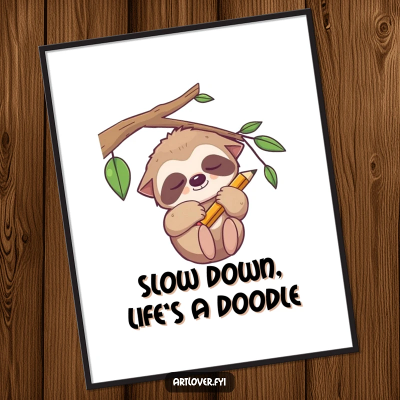 Funny Free Printable Wall Art: Sleepy sloth hanging from a branch with a pencil, radiating peaceful humor and downloadable charm.