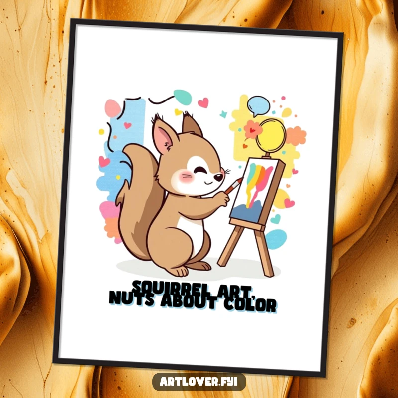Funny Free Printable Wall Art of a playful squirrel artist, busy painting a large, colorful, and intricate mural.