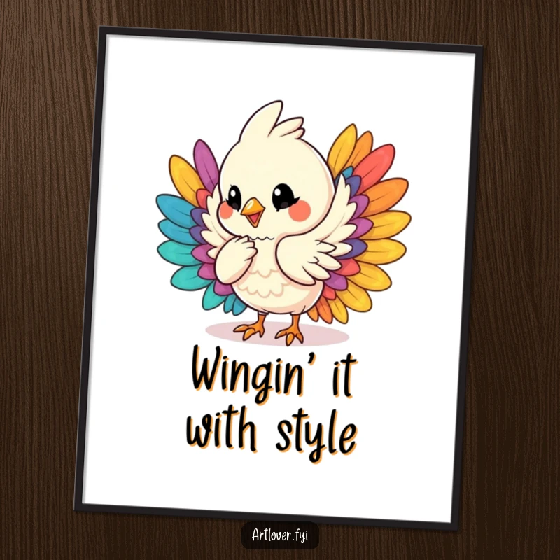 Funny Free Printable Wall Art of a bird character humming joyfully while arranging a collection of colorful feathers.