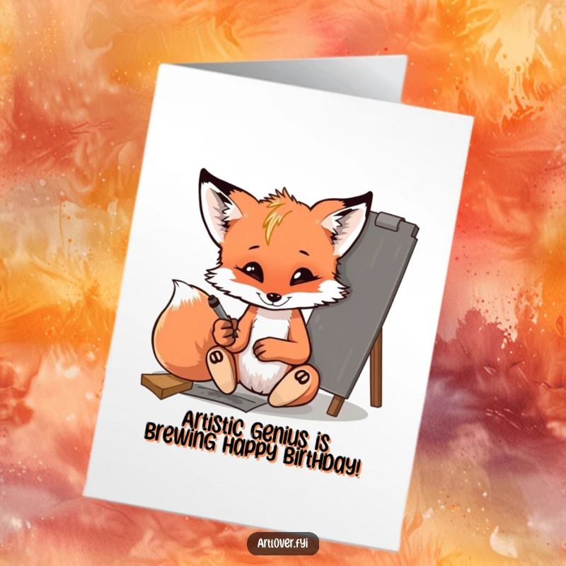 Funny Free Printable Birthday Card: Mischievous fox cub artist joyfully sketching with charcoal, ready to add humor to your celebration.
