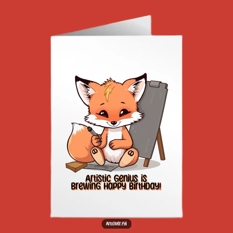 Free Printable Birthday Card: Mischievous Fox Cub Artist, Funny Downloadable Gift