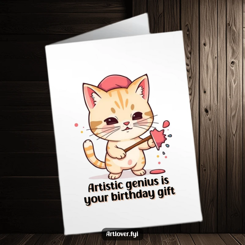 Funny Free Printable Birthday Card: Determined cat artist in beret, enthusiastically splattering paint onto canvas, creating a colorful mess.