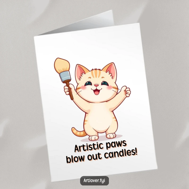 Funny Free Printable Birthday Card: Happy kitten artist proudly holds a paintbrush, ready to create a masterpiece or a mess.