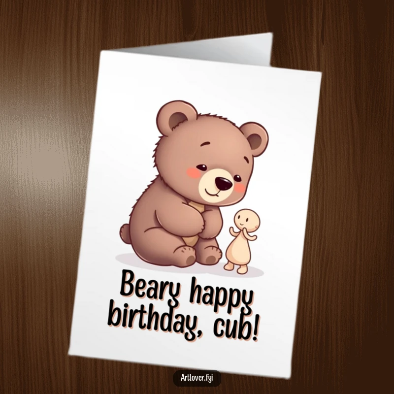 Funny Free Printable Bear Cub Artist Birthday Card: A playful bear cub looking with wonder at a small, abstract clay figure.