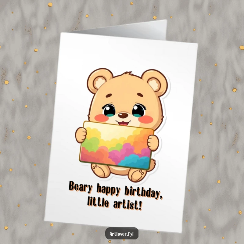 Funny Free Printable Birthday Card: Happy bear cub, bright eyes, proudly holding up a colorful, vibrant painting.