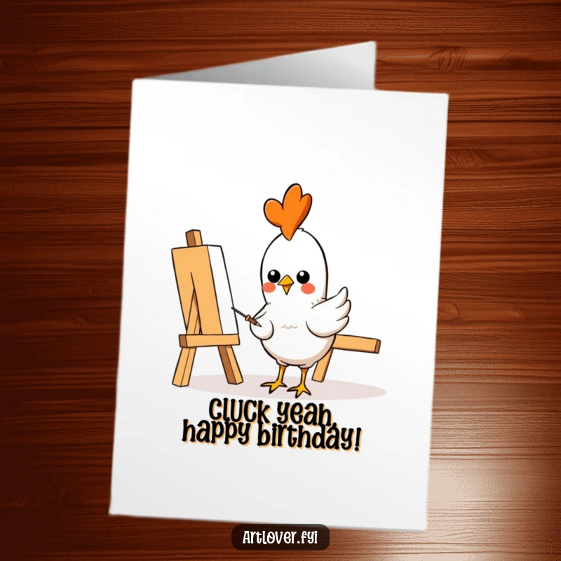 Funny Free Printable Birthday Card of a cheerful chicken artist pecking at a paint-splattered canvas.