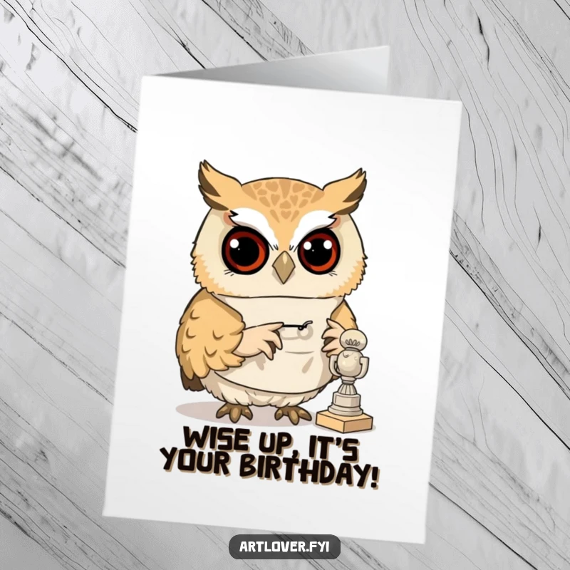 Funny Free Printable Birthday Card featuring a curious owl in a smock, humorously inspecting a miniature sculpture with great interest.