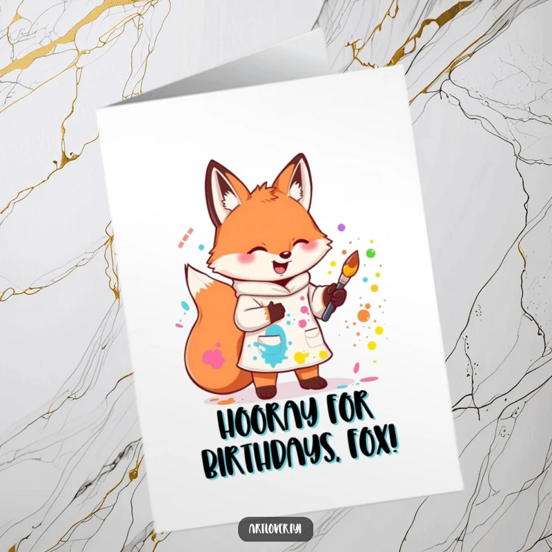 Funny Free Printable Birthday Card: A cute fox in a smock gleefully splattering vibrant paint, a creative DIY greeting.