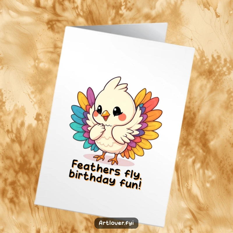 Funny Free Printable Birthday Card featuring a joyful bird artist meticulously arranging colorful feathers for a special occasion.