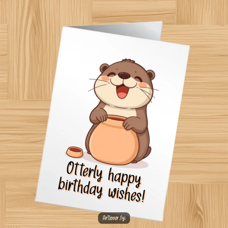 Funny Free Printable Birthday Card: Joyful otter with a smile meticulously crafting a clay pot, celebrating a birthday with DIY fun.