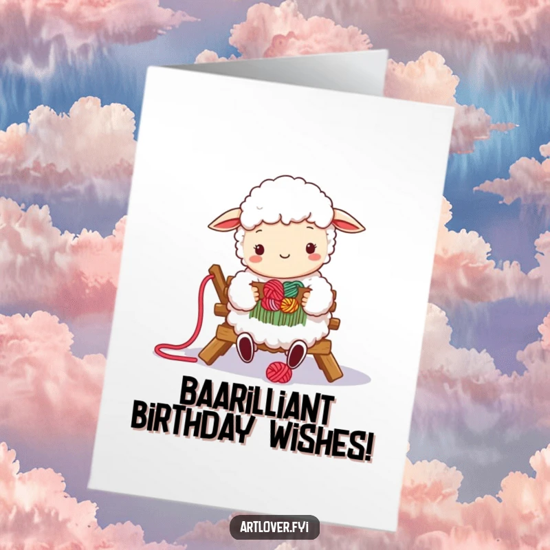 Funny Free Printable Birthday Card: Fluffy sheep happily weaves colorful yarn on a small loom, creating a birthday surprise.