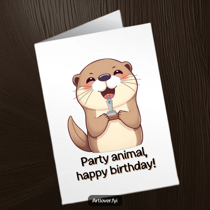Funny Free Printable Birthday Card: Joyful otter balancing a tiny sculpture on its nose, a whimsical birthday greeting.