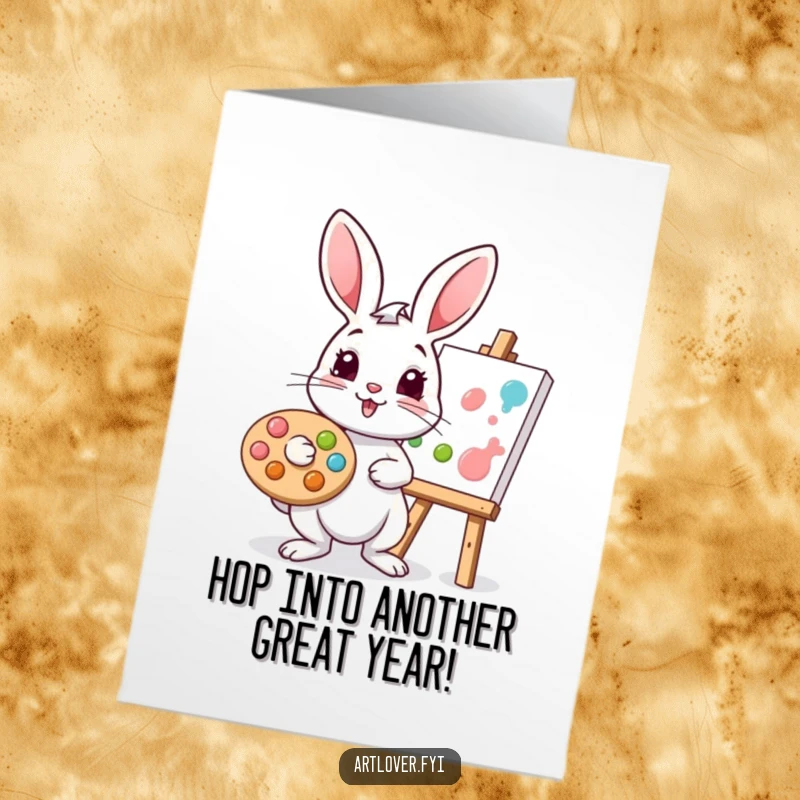 Funny Free Printable Birthday Card: Playful rabbit artist dabbing paint on a canvas, celebrating birthdays with creative humor.