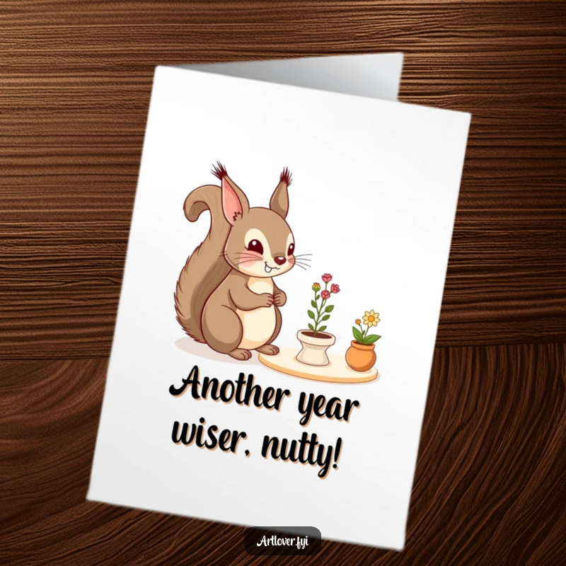 Funny Free Printable Birthday Card: Cheerful squirrel intently admires a tiny, exquisite still life arrangement, full of wonder.