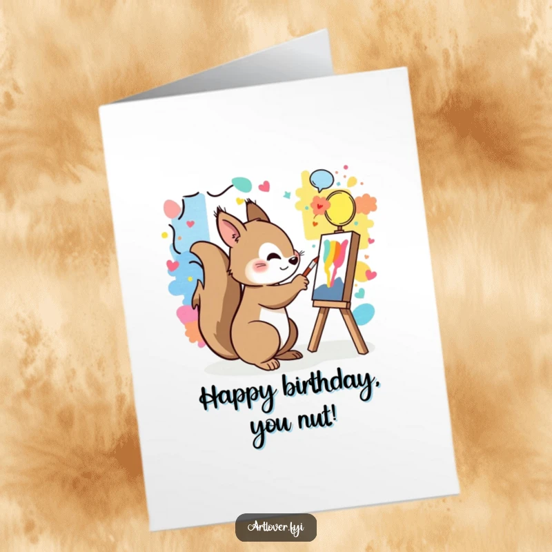 Funny Free Printable Birthday Card of a playful squirrel artist, energetically painting a vibrant and colorful mural.