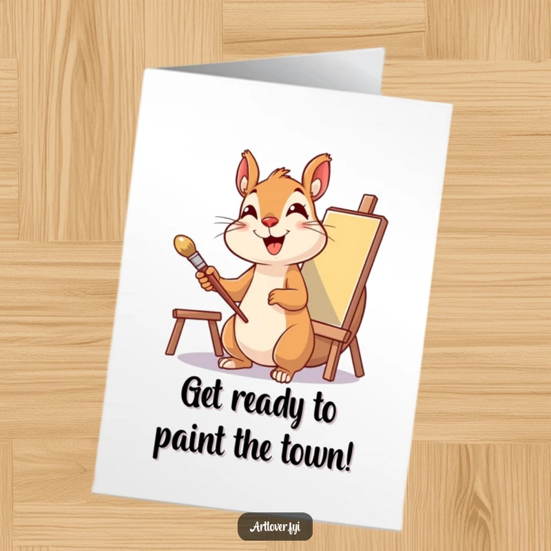 Funny Free Printable Birthday Card: Delighted squirrel artist holding paintbrush, looking at canvas, ready to create, print at home.