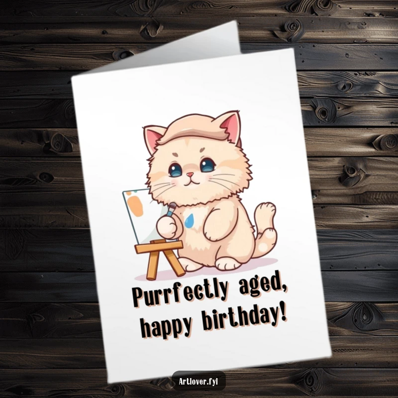 Funny Free Printable Cat Artist Birthday Card: A fluffy cat in a beret, dabbing paint onto a canvas with artistic flair.
