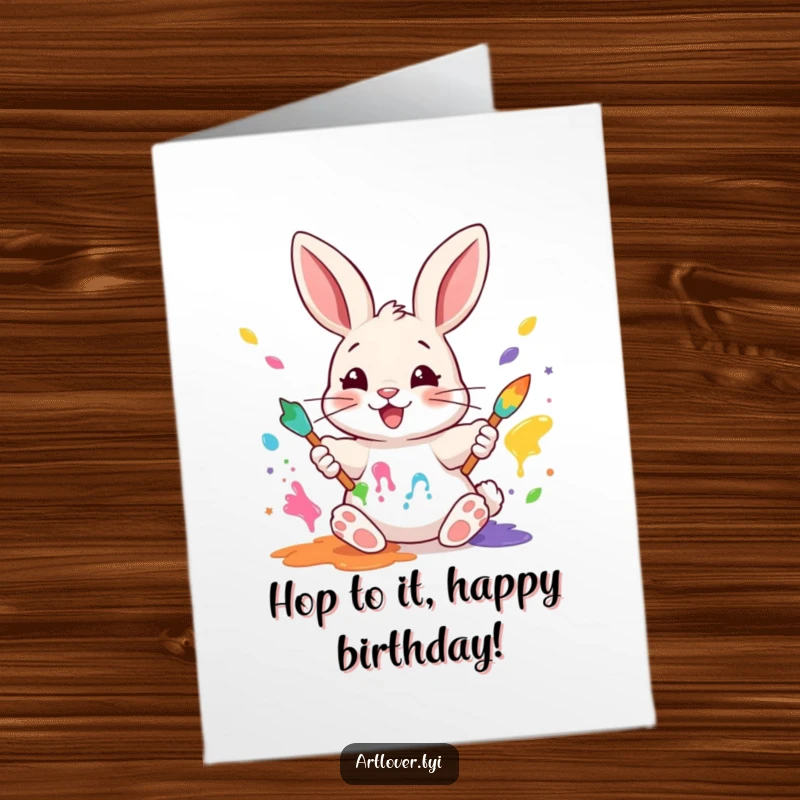 Funny Free Printable Rabbit Painter Birthday Card: A joyful rabbit mixing bright paints with its paws, creating a colorful mess.