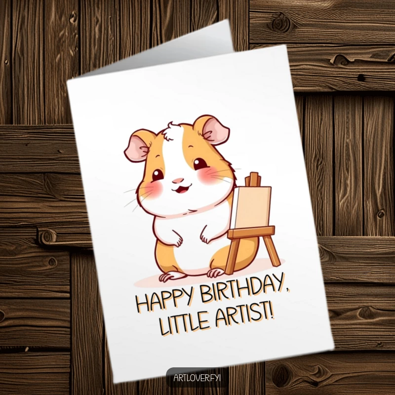 Funny Free Printable Birthday Card: Contented guinea pig sitting beside easel, smiling, painting a happy birthday.