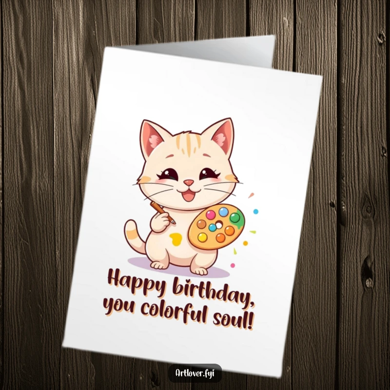 Funny Free Printable Birthday Card featuring a happy cat in a smock and palette, creating a vibrant paint splat.