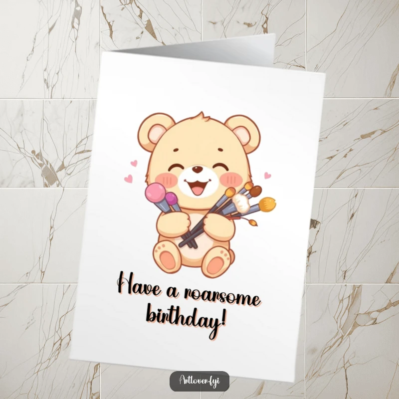 Funny Free Printable Birthday Card featuring a joyful bear cub holding a vibrant bouquet of artist brushes like flowers.
