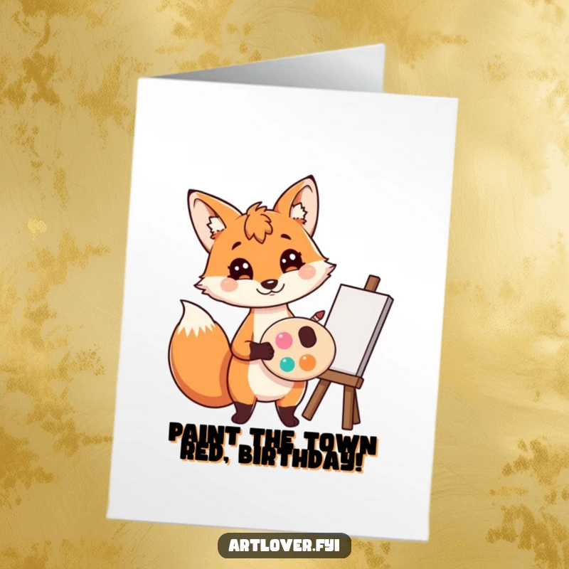 Funny Free Printable Fox Artist Card - A playful fox artist holding a palette and brush, ready to paint a happy birthday scene.