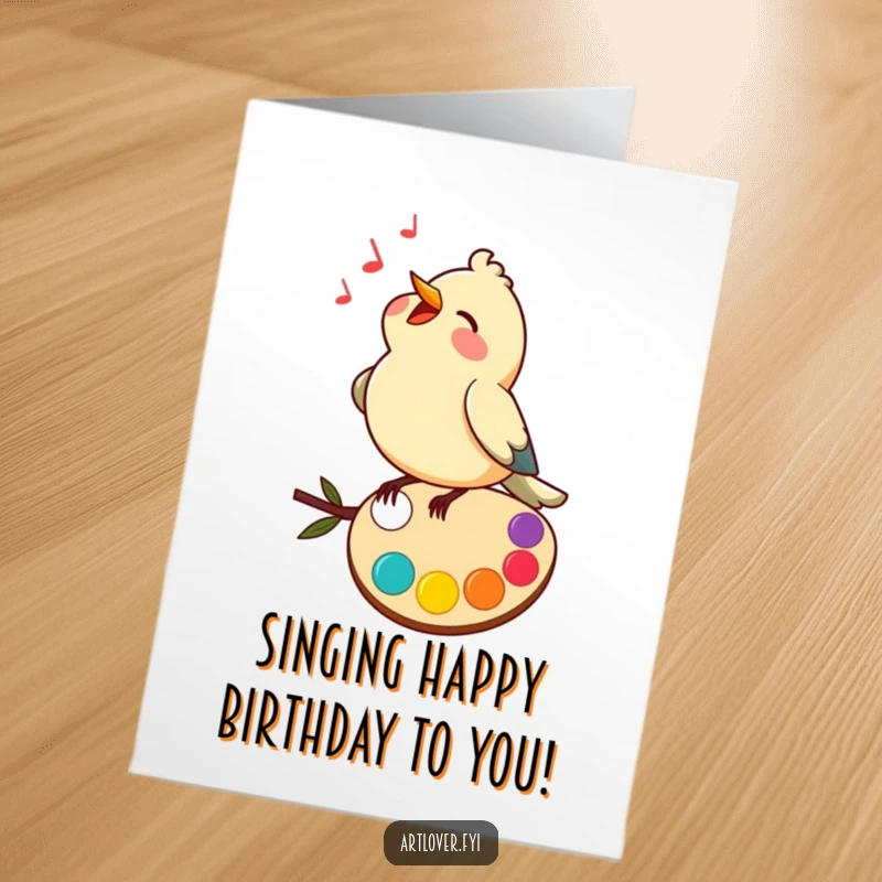 Funny Free Printable Birthday Card: A happy bird perched on a colorful artist palette, singing melodiously.
