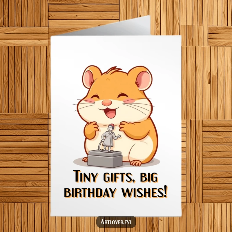 Funny Free Printable Birthday Card: Joyful hamster gazing admiringly at a miniature sculpture, celebrating birthdays with tiny art appreciation.