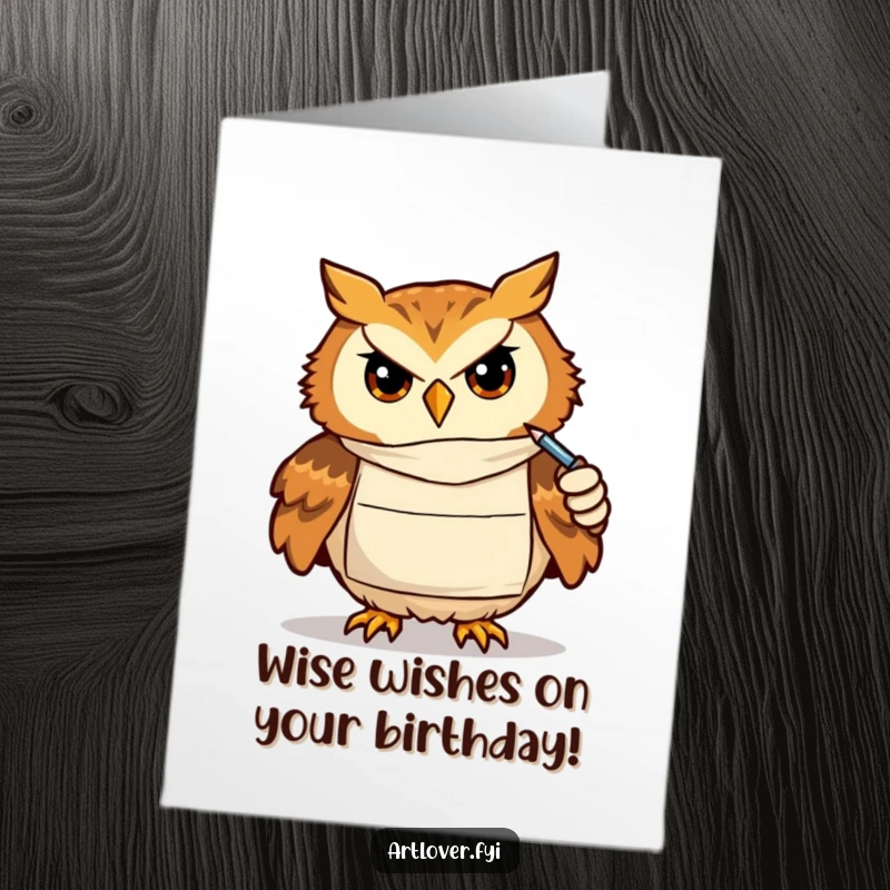 Funny Free Printable Birthday Card: Determined owl artist in a smock concentrates intensely while drawing for a birthday masterpiece.