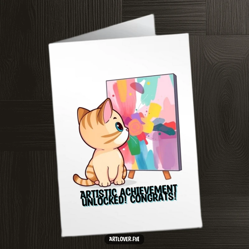 Funny Free Printable Congratulations Card: Curious cat observing colorful abstract art, a unique way to say congrats with humor.