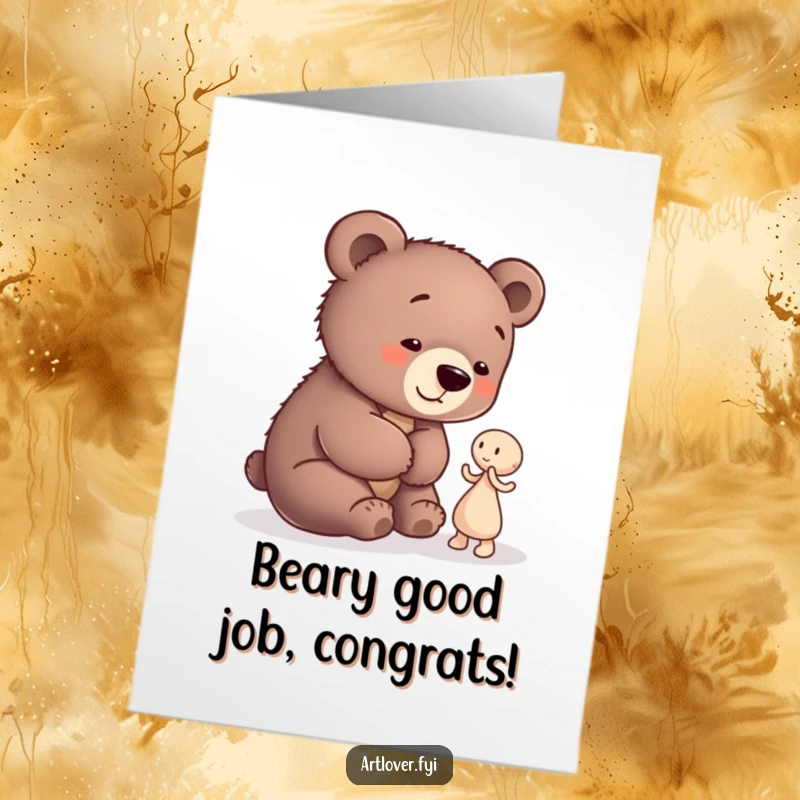 Funny Free Printable Bear Cub Artist Congratulations Card: A playful bear cub gazing at a small abstract clay figure, celebrating a success.