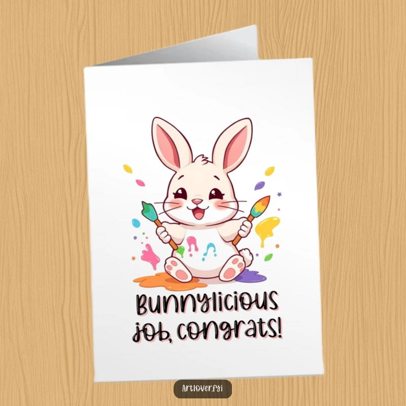 Funny Free Printable Rabbit Painter Congratulations Card: A happy rabbit energetically mixing colorful paints with its paws to celebrate.