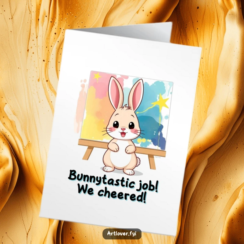 Funny Free Printable Congratulations Card: A playful bunny poses coolly before a vibrant, abstract masterpiece.