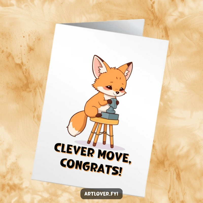 Funny Free Printable Fox Art Critic Congratulations Card: A fox sitting on a stool, critically examining a sculpture with admiration.