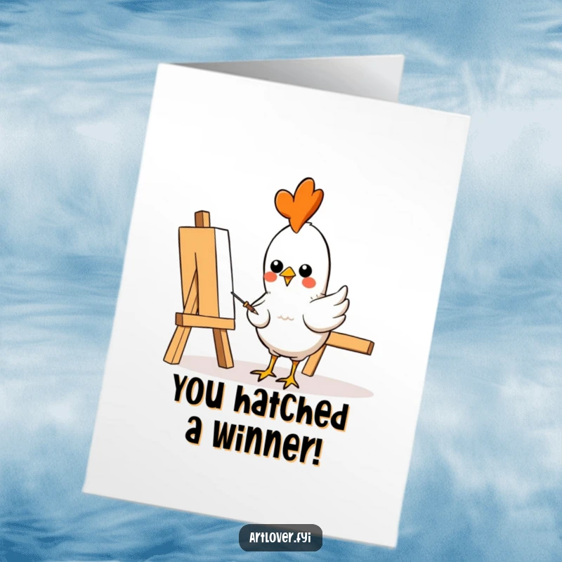 Funny Free Printable Congratulations Card showing a cheerful chicken artist enthusiastically pecking at a canvas.