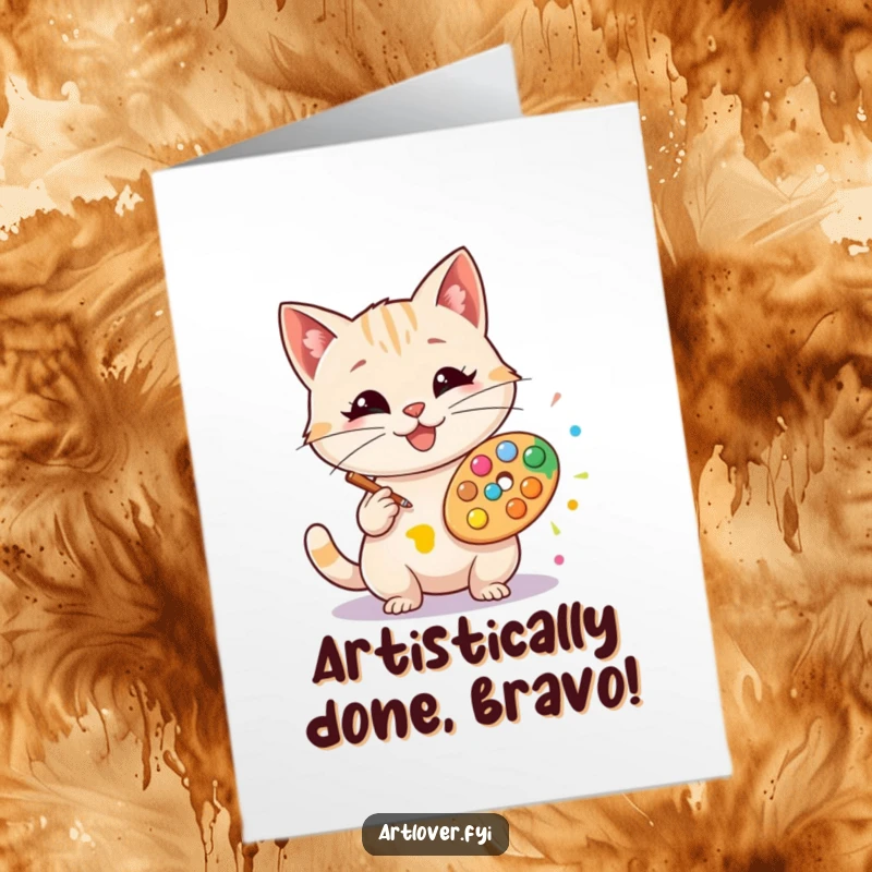 Funny Free Printable Congratulations Card with a happy cat artist, smock, and palette, celebrating a creative success.