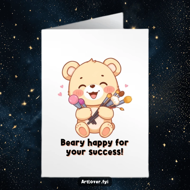 Funny Free Printable Congratulations Card: A happy bear cub presents a bouquet of paint brushes, celebrating an accomplishment.