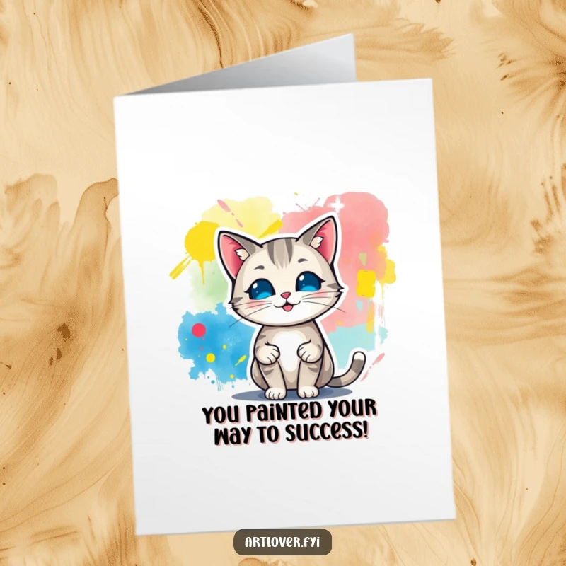Funny Free Printable Congratulations Card showing a proud cat character displaying a colorful, abstract painting.