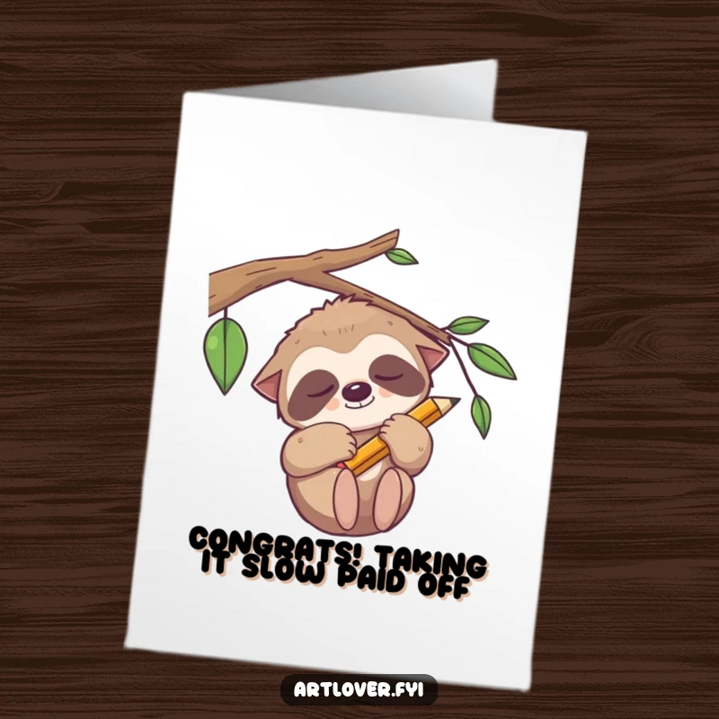 Funny Free Printable Congratulations Card: Sleepy sloth artist holding a pencil, symbolizing a slowly achieved but celebrated victory.