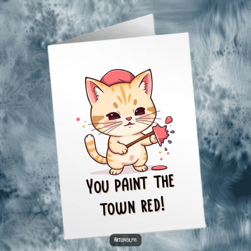 Funny Free Printable Congratulations Card: Energetic cat artist, beret on, splattering vibrant paint, celebrating a big win.