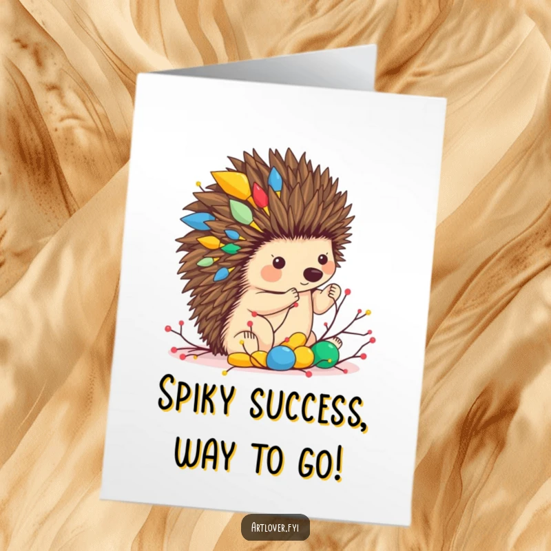 Funny Free Printable Congratulations Card: Skilled hedgehog artist proudly displays a vibrant abstract sculpture made of twigs.