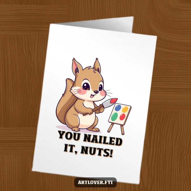Funny Free Printable Congratulations Card: Energetic squirrel artist mixes colors, celebrating your amazing accomplishment with flair.