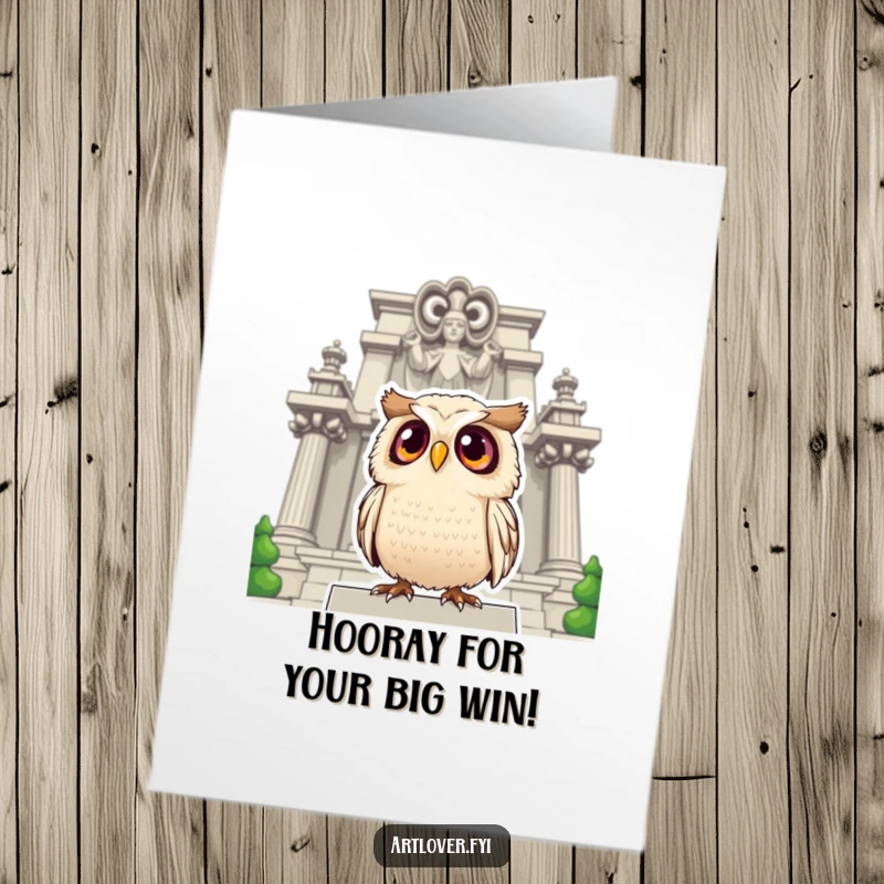 Funny Free Printable Congratulations Card: Surprised owl with big eyes gazing up at a grand statue, conveying awe and humor.